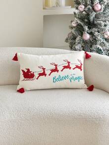 LCUHPCL 1pc Cream Christmas Style Santa Claus Reindeer Sleigh 3D Embroidered Tassel Decor Pillowcase, Home Decor For Living Room, Bedroom, Party, Sofa, Car And More - Multicolor - View 14