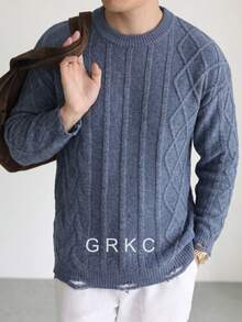GRKC Men's Spring Autumn Winter European American Street Fashion Minimalist Casual Versatile Striped Plaid Textured Crew Neck Long Sleeve Pullover Knit Sweater - Blue - View 3