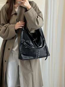 Women's Tote Bag, Commuter Motorcycle Style Rivet Shoulder Crossbody Bag - Black - View 13