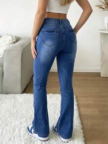 Blue Washed Multi-Button Mid-High Waist Flared Jeans For Women, Stretch Slim Fit Vintage Distressed Leg-Lengthening Bell Bottom Denim Pants - Dark Wash - View 2