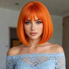 12 Inch Orange Short Straight Wig With Bangs For Women, High Temperature Fiber, High Density, Soft Smooth Voluminous, Suitable For Daily, Holiday, Music Festival, Christmas Party, Halloween, All Women - Orange - View 1