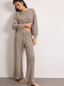 Ocili Striped Print Drop Shoulder Lounge Top PJ Set Sleep Pants - Khaki - View 4
