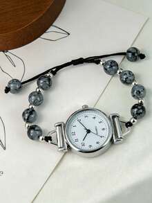 1pc Women's Silver-Tone Beaded Bracelet Watch, Ink-Texture Round Bead Woven Adjustable Strap, Minimalist Round Digital Quartz Dial, Industrial Niche Design Silver Jewelry Set, Suitable For Summer Daily, Graduation Party, Commute And Other Occasions, Exquisite Texture Women's Accessory, Perfect Gift For Graduation, Holiday, Girls And Women - Multicolor - View 1