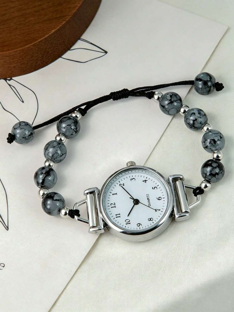 1pc Women's Silver-Tone Beaded Bracelet Watch, Ink-Texture Round Bead Woven Adjustable Strap, Minimalist Round Digital Quartz Dial, Industrial Niche Design Silver Jewelry Set, Suitable For Summer Daily, Graduation Party, Commute And Other Occasions, Exquisite Texture Women's Accessory, Perfect Gift For Graduation, Holiday, Girls And Women - Multicolor - View 1
