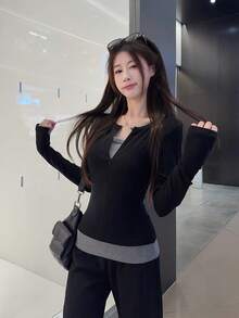 Korean Style 2 In 1 Contrast Color Patchwork Long Sleeve Base Layer Top, Slim Fit, Designed For Women, Autumn - Black - View 6