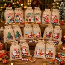1/8/16pcs, Christmas Gift Drawstring Bags, Snowman & Santa Pattern Burlap Sack For Holiday Gift Packing - Multicolor - View 5
