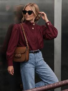 New Casual Vacation Elegant Commute Business Casual Collar Long Sleeve Khaki Textured Twill Fabric Early Autumn Women's Jacket - Burgundy - View 2
