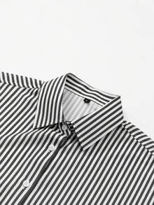 Women Striped Button Front Shirt Long Sleeve Classic Collar Casual Loose Fit Blouse With Chest Pocket - Black and White - View 7