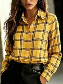 Women's Fashionable Yellow Plaid Polyester Long Sleeve Casual Shirt Spring - Yellow - View 4