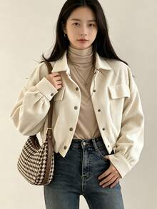 YUXIN Women's Cream Corduroy Shacket Cropped Collared Button Up Chest Pockets Oversized Long Sleeve Retro Casual Jacket For Fall Winter Layering - Apricot - View 2