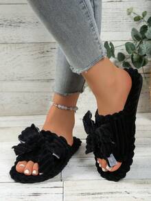 Fashionable New Striped Bow Open Toe Slip-On Slippers, Comfortable House Shoes For Spring, Autumn And Winter - Black - View 5