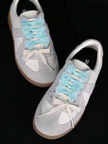 2 Pairs 8mm Solid Color Textured Flat Shoelaces + 3cm Lace Decorative Shoelaces, Unisex Decorative Sports Shoelace Combo Set, Flat Shoelaces For Running And Casual Shoes Replacement, DIY Mix And Match Set - 4699 Beige + CZ Lace Trim - Light Blue - View 4