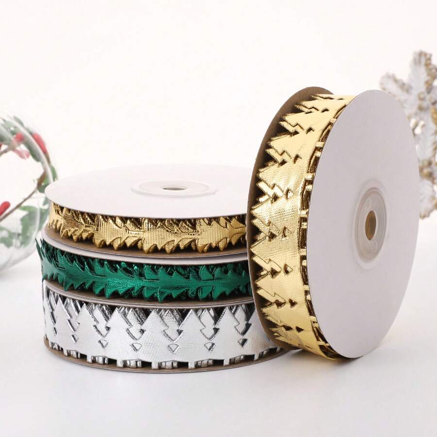 Christmas Tree Shaped Decorative Ribbon, Gold Silver Green Packaging Ribbon, Christmas Gift Wrapping Ribbon, DIY Christmas Decoration Holiday Gift Box Ribbon, Gift Wrapping Tie, Holiday Decor, Christmas Tree Hanging Ornament Lace Trim - Multicolor - View 1