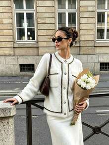 Women's 1pc Elegant White Knit Long Sleeve Button-Up Cropped Cardigan Sweater Jacket, Autumn Outfit Recommendation - White - View 1