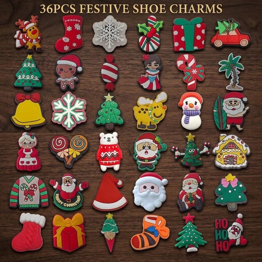 36-Piece PVC Christmas-Themed Shoe Charms – Compatible With Clogs, Sandals, And Slides; Decorative Accessories, Holiday Gifts, And Festive Decor Items - Multicolor - View 1