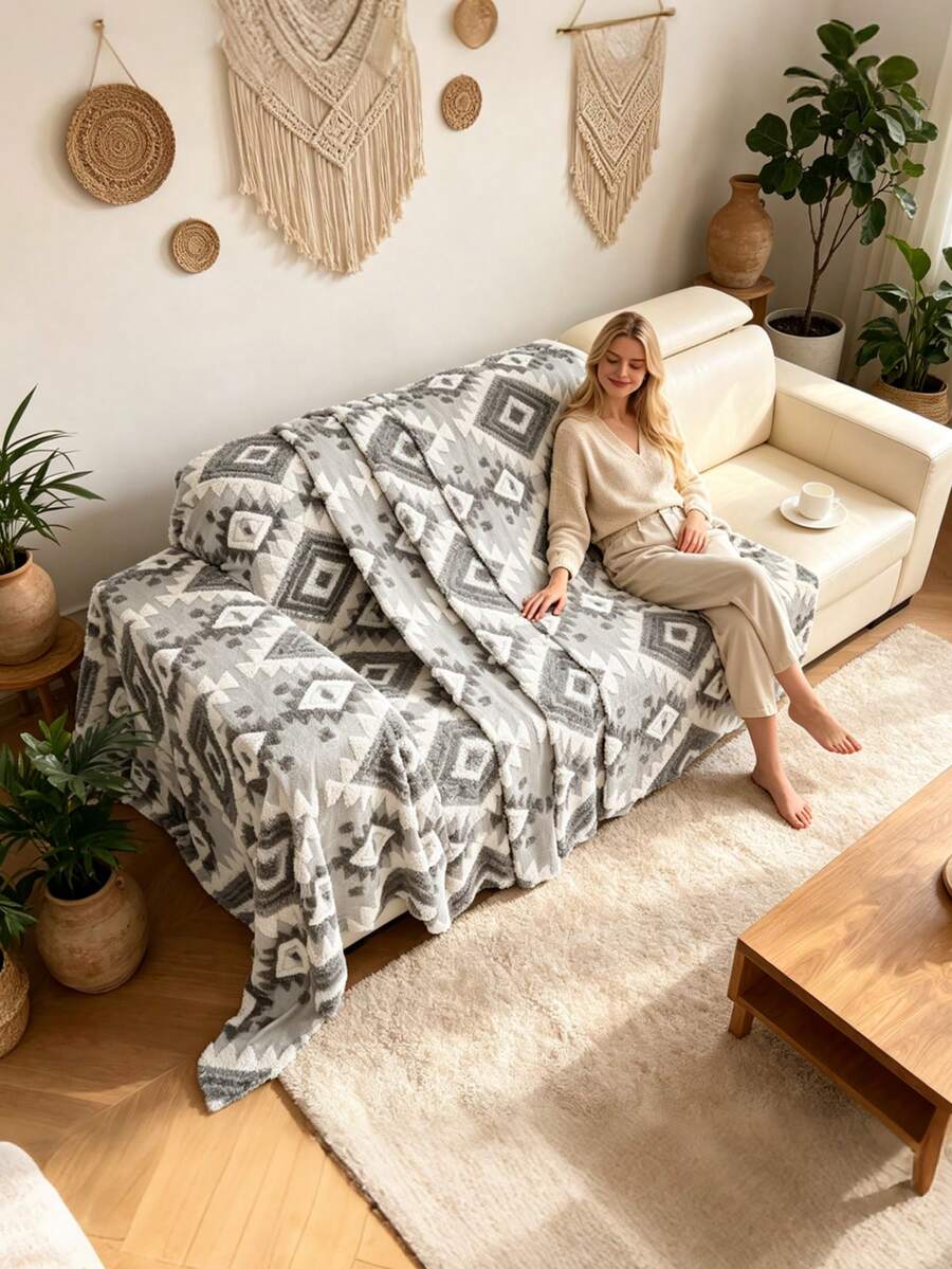 1pc Geometric Pattern Sofa Cover, Bohemian Style Soft Cotton Velvet Rectangular 3D Jacquard Full Coverage Sofa Slipcover, Suitable For Living Room, Homestay, Home Use, All Seasons, Back To School, School Supplies, Dorm Decor, College Decor - Medium Gray - View 1