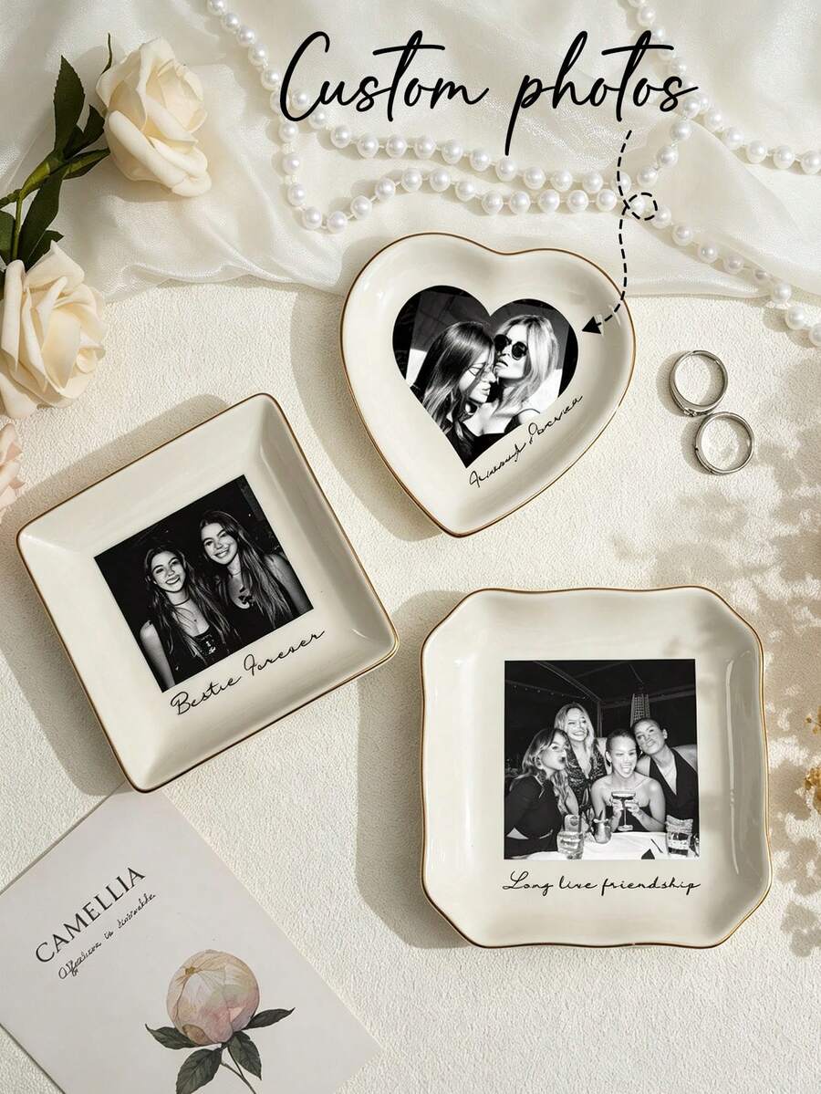 Personalized Ceramic Photo Trinket Dish - Custom Name/Text & Photo Suitable For Best Friend Wedding Gift, Bridesmaid Proposal, Jewelry Ring Holder For Table Centerpiece, Photo Display Plate