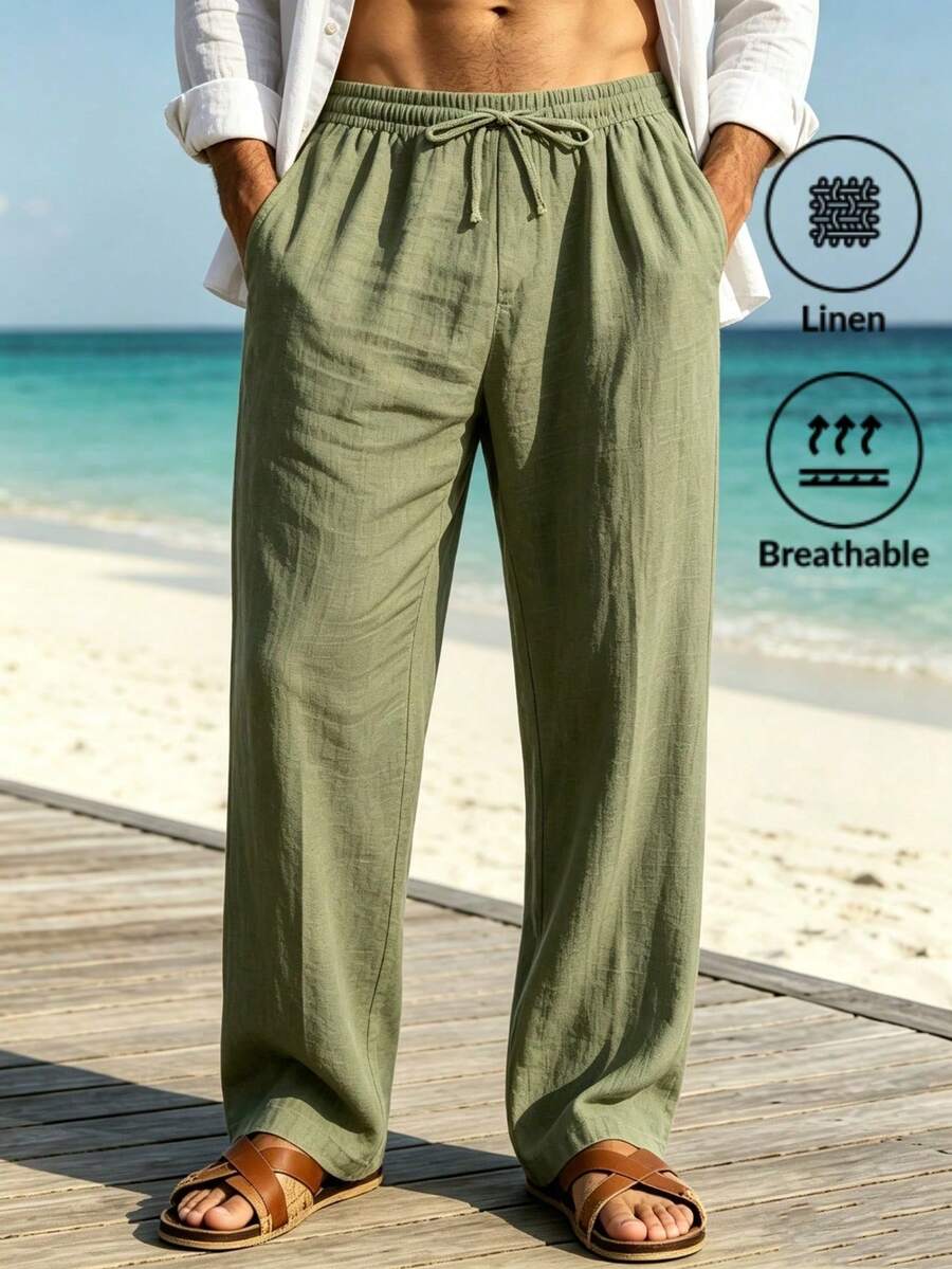 Men's Summer Linen Casual Long Pants With Drawstring Elastic Waist, Breathable Straight Leg Beach Vacation Daily Commute Trousers - Army Green - View 1
