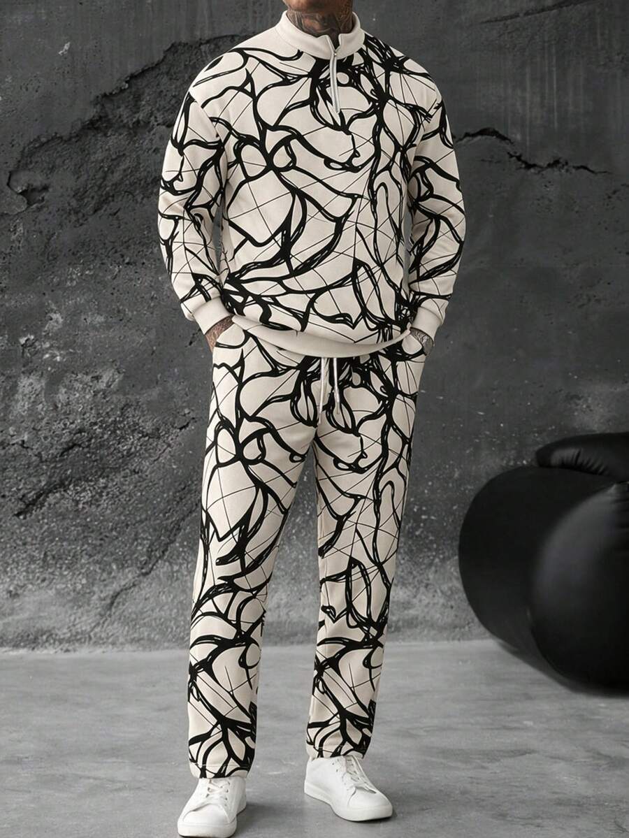 Men's Colorblock Fashion Print Zip-Up Sweatshirt & Pants Set - Multicolor - View 1