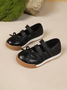 1 Pair Girls' Double Strap Minimalist Bow Decor Flat Shoes, Dual-Color Sole Casual School Daily Wear Loafers - Black - View 2