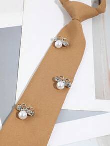 1pc Y2K Hot Girl Style Khaki No-Tie Necktie With Rhinestone Bee, Faux Pearl, Eyelet And Chain, Niche JK Shirt Accessory - Multicolor - View 4