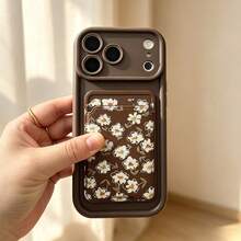 1pc Ins Stair Frame + Card Holder Floral Pattern Phone Case, Compatible With 17 16 15 14 13 12 11 Pro Max, Transparent Phone Protective Cover Waterproof Shockproof Scratch-Resistant - Brown - View 5
