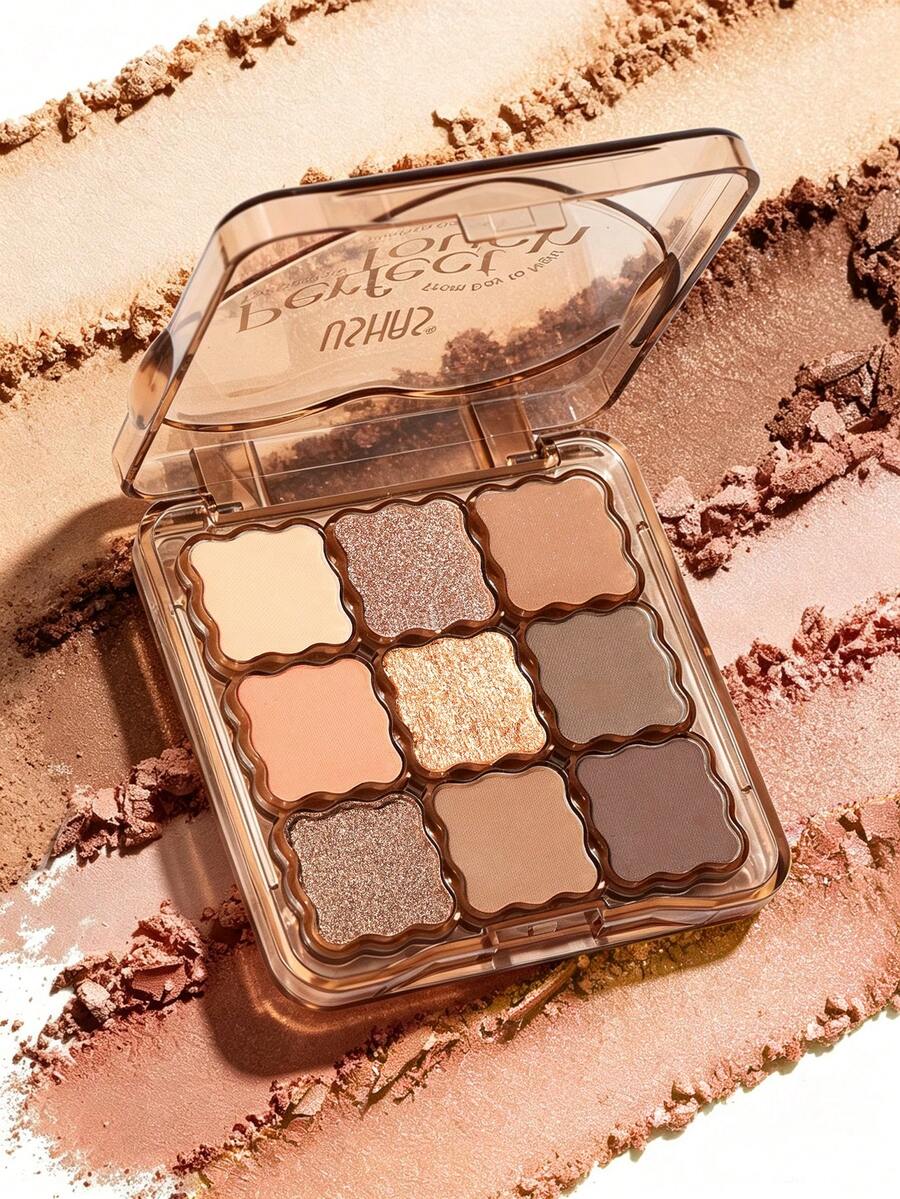USHAS Perfect Touch 9 Colors Eyeshadow Palette, Matte Shimmer Sparkle Eye Shadow, Highly Pigmented Silky Blendable Waterproof Long-Lasting Eye Makeup - #03 Sunset Bronze - View 1