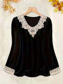 Women's Plus Size Casual V-Neck Blouse, Solid Color Lace Trim Detail Top Black - Black - View 1