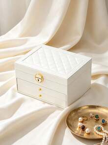 1pc Large Capacity Diamond Drawer Jewelry Box, White Green Color Block Black Optional, Top Layer Necklace Hooks Ring Slots Earring Board, Bottom Layer Drawer Compartments, Lockable Dust-Proof, Vanity Storage Watch Slot, Anti-Oxidation, Necklace Hooks, Home Use Zipper - Multicolor - View 16
