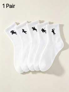 Men's White Base Black Horse Embroidery Ribbed Cuff Cotton Breathable Casual Sports Mid-Calf Socks For Daily Commute - Multicolor - View 5