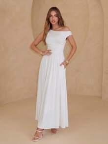 PARTHEA Elegant White Off‑Shoulder Maxi Dress, Ruched Waist High Waist A‑Line Flowy Long Dress For Wedding Party - White - View 4