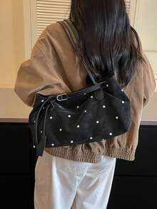 1pc Vintage Rivet Large Capacity Tote Bag, Commuter Oversized Underarm Bag, Fashion Motorcycle Bag, PU Matte Leather, Shoulder Strap, Zipper Closure, Women's Work/School/Travel/Shopping/Business Shoulder Bag, Suitable For Daily Use - Black - View 6
