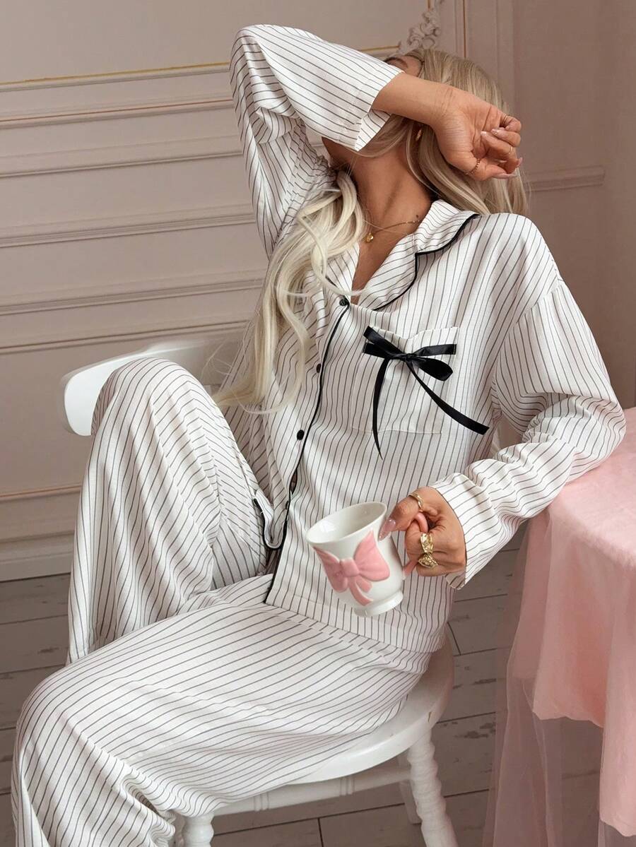 2pcs Women's Loose Comfortable Breathable Striped Long Sleeve Long Pants Cute Pajama Set - White - View 1