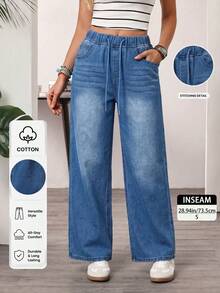1 buah Celana Jeans Denim Kasual dengan Motif Kumis Kucing dan Tali Serut, Cocok untuk Sekolah, Liburan, Pakaian Sehari-hari Sepanjang Musim, Kostum Halloween, Akhir Pekan Halloween, Keseruan Halloween - Medium Wash - View 1