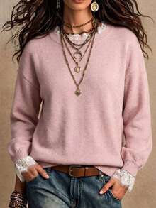 Women's Soft Pastel Pink Mixed Color Lace Trim Knitted Sweater, Loose Lazy Fit Contrast Lace Round Neck Soft Long Sleeve Top, Moderate Thickness, Suitable For Spring Single Wear, Autumn Layering, Winter Inner Layer, Three Seasons Versatile - Pink - View 2