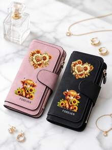 Printed Pu Wallet With Scottish Highland Bull Hug Sunflower And Leopard Print Heart-Shaped Floral Pattern, Can Be Used As A Wallet, Card Bag, Handbag, And Multifunctional Storage Bag. It's The Perfect Gift For Birthdays, Thanksgiving, And Christmas,Travel Essential - Multicolor - View 5