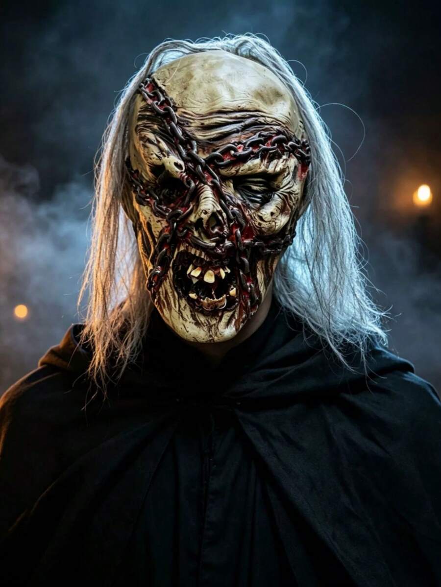 1pc Halloween Chain Zombie Mask, Ghost Face Latex Mask, Haunted House Horror Scary Prank Performance Prop, Chain Ghost Zombie Head Cover - C - View 1