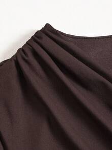 Autumn/Winter Solid Color Ruched Halter Neck Elbow Sleeve Short Slim Fit Casual Dress, Suitable For Sports, Daily Wear, Date, Dinner, Party, Formal Occasion, Back To School, Prom - Coffee Brown - View 9