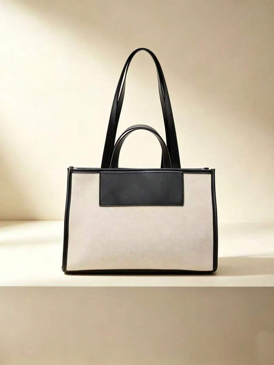 Canvas Tote Bag Black Leather Trimmed Shoulder Bag Fashion Large Capacity Work Travel Handbag - Multicolor - View 1