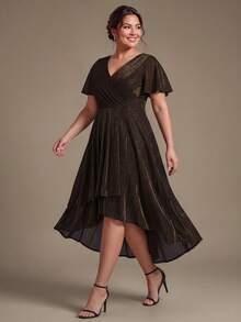 EVERPRETTY Gaun Formal Midi Ukuran Plus Elegan dengan Leher V, Lengan Pendek Berkerut dan Hem Tinggi-Rendah, Terbuat dari Kain Tenun Mewah, Cocok untuk Acara Malam Hari - Coklat - View 1