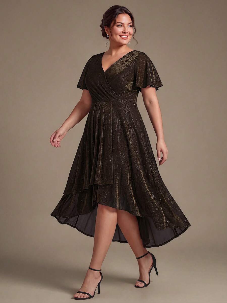 EVERPRETTY Gaun Formal Midi Ukuran Plus Elegan dengan Leher V, Lengan Pendek Berkerut dan Hem Tinggi-Rendah, Terbuat dari Kain Tenun Mewah, Cocok untuk Acara Malam Hari - Coklat - View 1