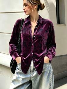 Women's Purple Velour Floral Jacquard Button Front Collared Long Sleeve Shirt For Business, Office, Commute, Vacation, Holiday, Spring Fall Winter - Dark Purple - View 4
