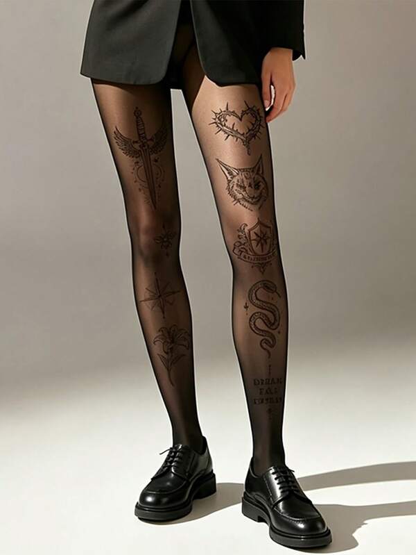 1 par de medias de mujer con estampado de tatuaje personalizado, leggings finos y transparentes de tono de piel estilo oscuro, capa base decorativa de diseño de nicho