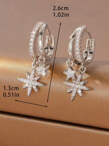 Minimalist Luxury Octagonal Star Double Star Wide Face Zirconia Earrings, High-End Niche Design Jewelry - Silver - View 6
