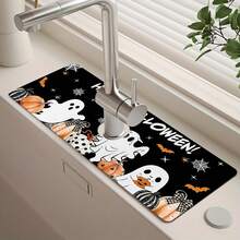 1pc Halloween Faucet Mat, Create Holiday Atmosphere, Bathroom Faucet Splash Guard, Waterproof Anti-Slip Faucet Mat, Kitchen Countertop Accessory, Kitchen Dining Table Accessory, Sink, Moisture-Proof Absorbent Mat, Absorbent Drainage Mat, Multi-Functional Absorbent Anti-Slip Mat - Multicolor - View 5