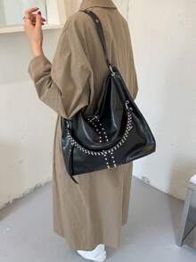 SHIMEINI 1pc New Fashion Punk Rivet Large Capacity Shoulder Tote Bag, Suitable For Women's Daily Use, Work Commute, Vacation Travel, Holiday, Party, Shopping, Gift - Black - View 4