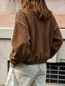 Jaket Suede Longgar Lengan Panjang Kerah Rivet Warna Polos Musim Gugur/Dingin, Gaya Jalanan, Pakaian Luar Kantor Kasual untuk Perjalanan Musim Gugur - Coklat - View 7