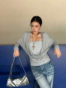 Cowl Neck Striped Top Early Autumn Batwing Sleeve Patchwork Minimalist Sexy Style Long Sleeve T-Shirt - Grey - View 8