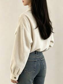 YUXIN Women's Cream Corduroy Shacket Cropped Collared Button Up Chest Pockets Oversized Long Sleeve Retro Casual Jacket For Fall Winter Layering - Apricot - View 8