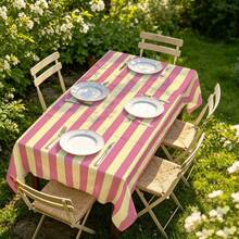 1pc Minimalist Striped Print Tablecloth, Polyester Material, Pink And Light Yellow Alternating Stripes, Suitable For Dining Table, Party, Home Decor - Indoor/Outdoor Universal, Holiday Gathering And Other Decoration Scenes - A - View 2